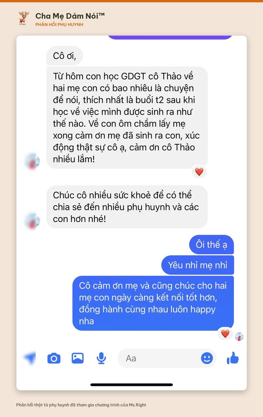 Phản hồi phụ huynh: con ôm mẹ cảm ơn sau buổi học